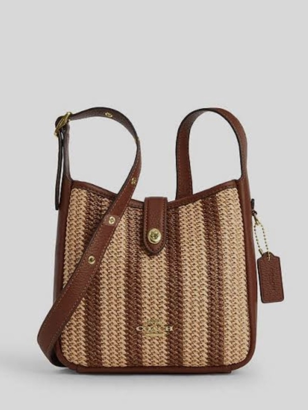 Coach Hadley Brown Mini Natural Woven Leather-Trim Crossbody Straw Bag